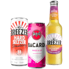 Bacardi Breezer, hard seltzer of Bacardi razz & up, rum & cola of limon & lemonade